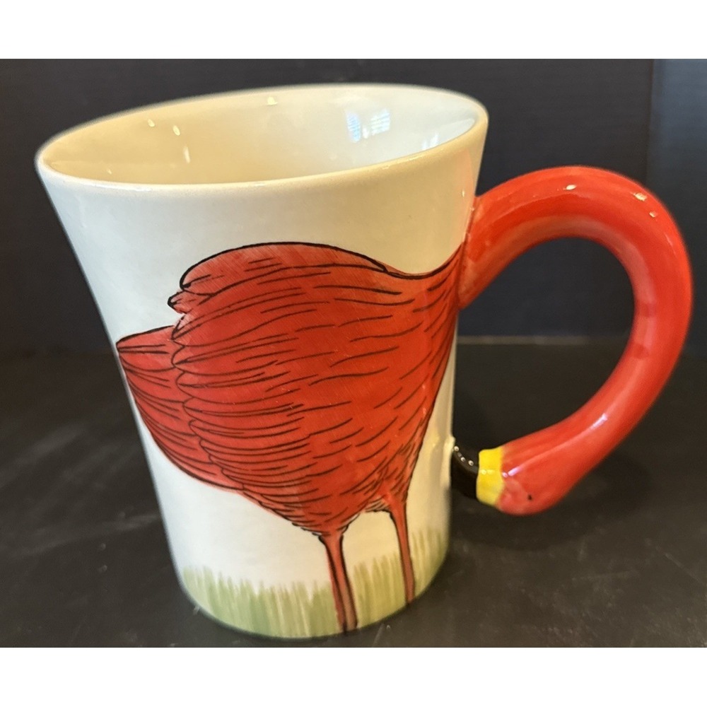 Pier 1 Pink Flamingo Handle Figural Coffee Mug Cup Stoneware 16 ounce